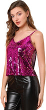 Load image into Gallery viewer, Glittery Fushsia Gold Sequin V-Neck Spaghetti Strap Tops