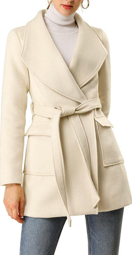 Wrap Shawl Collar Cream Belted Women's Blazer