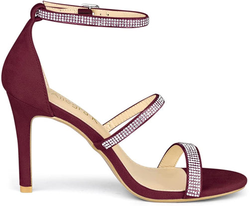 Strappy Rhinestone Burgundy High Heel Sandals