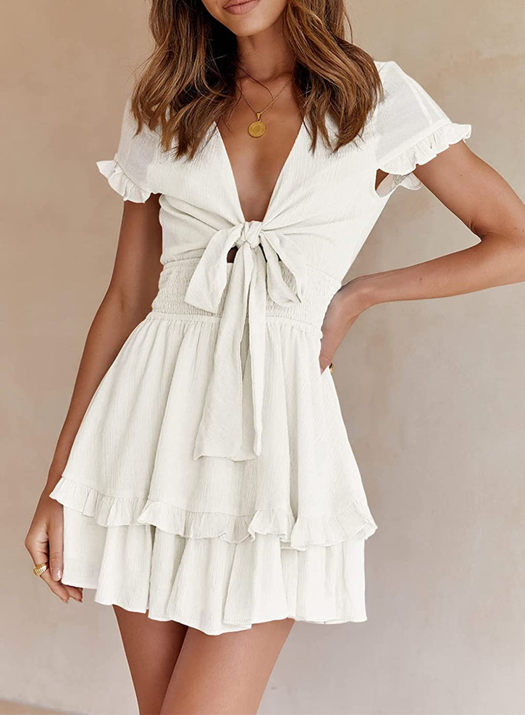 Summer Knot Front White Short Sleeve Mini Swing Dress