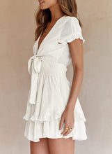 Load image into Gallery viewer, Summer Knot Front White Short Sleeve Mini Swing Dress