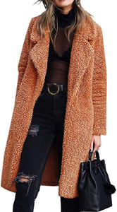 Women's Fuzzy Fleece Lapel Long Cardigan Coffee Brown Winter Jacket