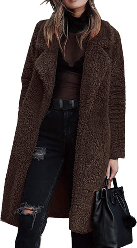 Women's Fuzzy Fleece Lapel Long Cardigan Coffee Brown Winter Jacket