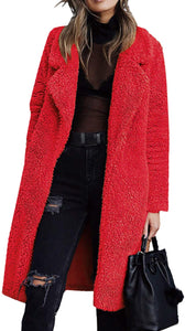 Women's Fuzzy Fleece Lapel Open Front Long Caramel Winter Jacket