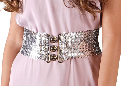 Silver Sparkly Sequin Wide Stretch Elastic Belt