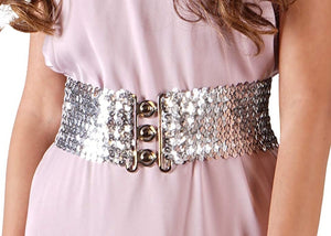 Silver Sparkly Sequin Wide Stretch Elastic Belt