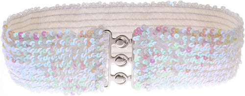 White Sparkly Sequin Wide Stretch Elastic Belt