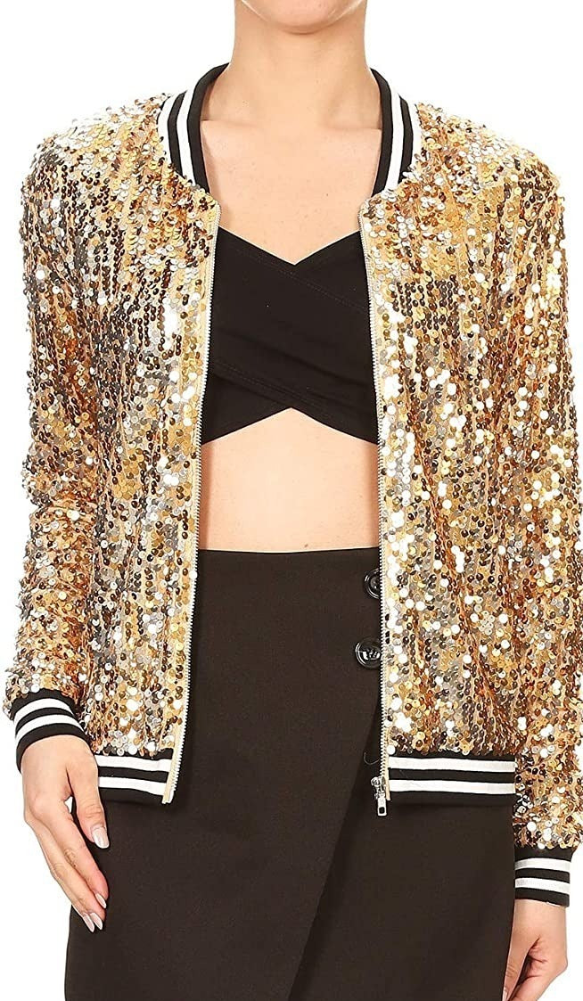 Elegant Gold Sequin Long Sleeve Front Zip Jacket with Ribbed Cuffs