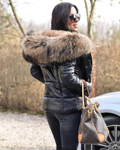 Metallic Black Fur Hooded Quilted Winter Coat