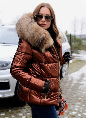 Metallic Brown Fur Hooded Quilted Winter Coat