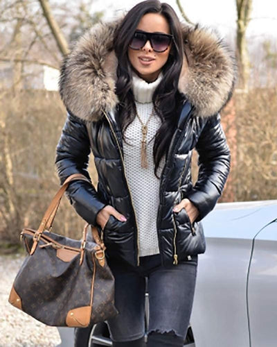 Metallic Black Fur Hooded Quilted Winter Coat