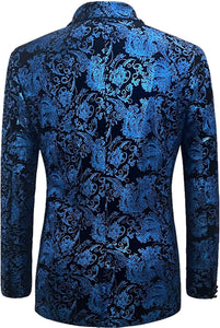 Formal Blue Velvet Men's Floral Blazer Suit