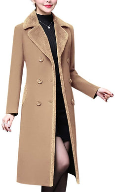 Women's Double Breasted Notched Lapel Camel Midi Wool Blend Pea Coat Jacket
