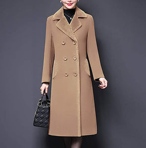 Women's Double Breasted Notched Lapel Camel Midi Wool Blend Pea Coat Jacket