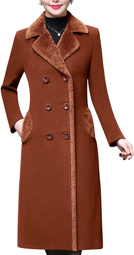 Women's Double Breasted Notched Lapel Caramel Midi Wool Blend Pea Coat Jacket