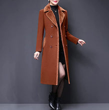 Load image into Gallery viewer, Women&#39;s Double Breasted Notched Lapel Caramel Midi Wool Blend Pea Coat Jacket