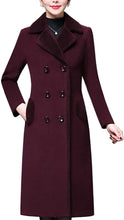 Load image into Gallery viewer, Women&#39;s Double Breasted Notched Lapel Purple Midi Wool Blend Pea Coat Jacket