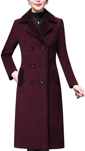 Women's Double Breasted Notched Lapel Purple Midi Wool Blend Pea Coat Jacket