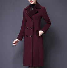 Load image into Gallery viewer, Women&#39;s Double Breasted Notched Lapel Purple Midi Wool Blend Pea Coat Jacket