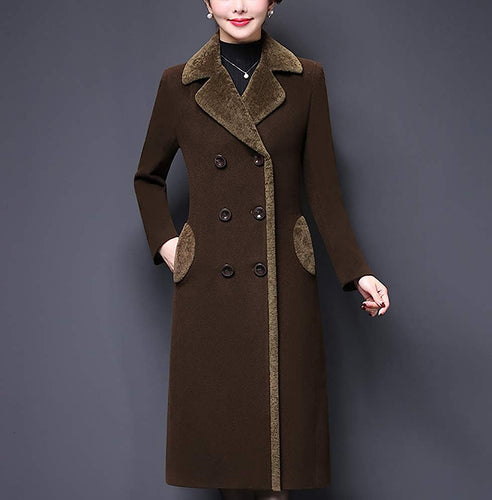 Brown Double-Breasted Notched Lapel Midi Wool Blend Pea Coat Jackets