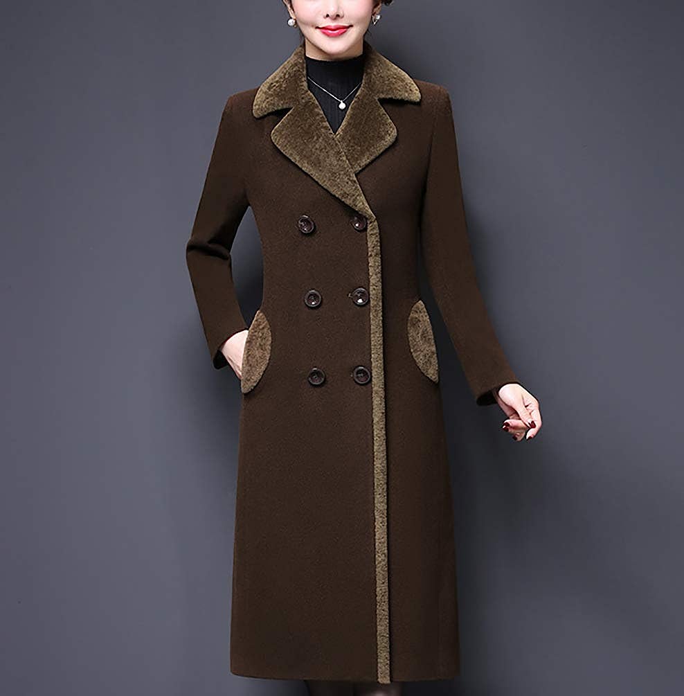 Brown Double-Breasted Notched Lapel Midi Wool Blend Pea Coat Jackets