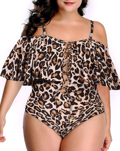 Leopard Women Plus Size One Piece Tummy Control Flounce Bathing Suits