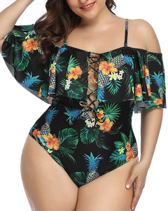 Black Floral Women Plus Size One Piece Tummy Control Flounce Bathing Suits