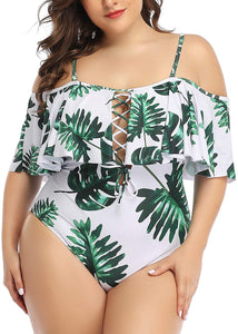 Leopard Women Plus Size One Piece Tummy Control Flounce Bathing Suits