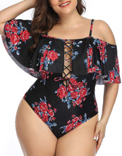 Load image into Gallery viewer, Black Women Plus Size One Piece Tummy Control Flounce Bathing Suits