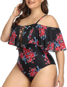 Women Plus Size One Piece Swimsuits Flounce Off Shoulder Tummy Control  Bathing Suits Swimwear 