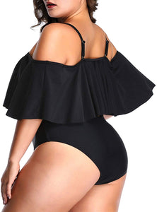 Black Floral Women Plus Size One Piece Tummy Control Flounce Bathing Suits