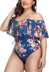 Black Women Plus Size One Piece Tummy Control Flounce Bathing Suits