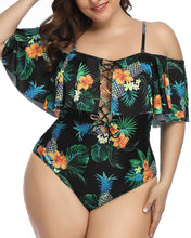 Load image into Gallery viewer, Control Flounce Black Leaf Plus Size One Piece Off Shoulder Bathing Suits