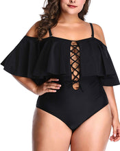 Load image into Gallery viewer, Control Flounce Black Plus Size One Piece Off Shoulder Bathing Suits