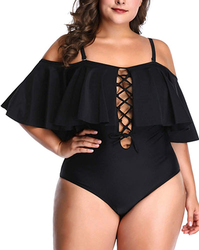 Control Flounce Black Plus Size One Piece Off Shoulder Bathing Suits