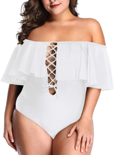 Control Flounce White Plus Size One Piece Off Shoulder Bathing Suits