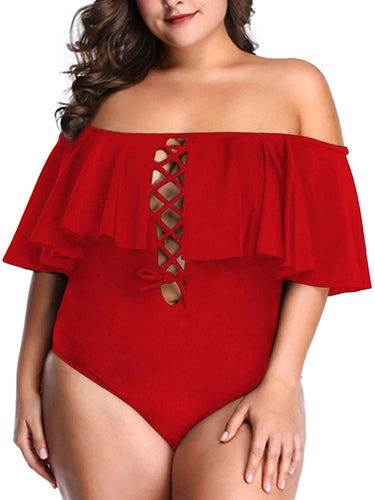 Control Flounce Red Plus Size One Piece Off Shoulder Bathing Suits