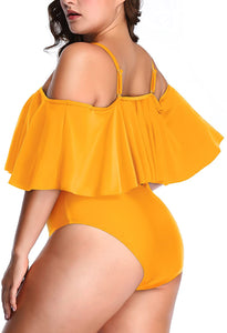 Control Flounce Yellow  Plus Size One Piece Off Shoulder Bathing Suits