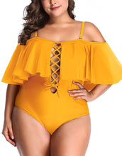 Load image into Gallery viewer, Control Flounce Yellow  Plus Size One Piece Off Shoulder Bathing Suits