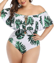 Load image into Gallery viewer, Control Flounce  White Leaf Plus Size One Piece Off Shoulder Bathing Suits