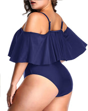 Load image into Gallery viewer, Control Flounce Navy Blue Plus Size One Piece Off Shoulder Bathing Suits