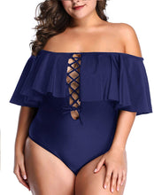 Load image into Gallery viewer, Control Flounce Navy Blue Plus Size One Piece Off Shoulder Bathing Suits