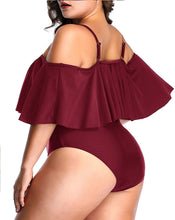 Load image into Gallery viewer, Control Flounce Wine Red Plus Size One Piece Off Shoulder Bathing Suits
