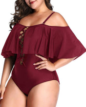 Load image into Gallery viewer, Control Flounce Wine Red Plus Size One Piece Off Shoulder Bathing Suits