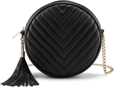 Fashion Black PU leather Circle Crossbody Bag With Chain And Tassel