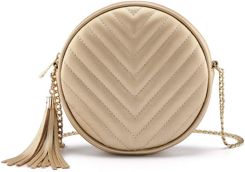 Fashion Gold PU leather Circle Crossbody Bag With Chain And Tassel