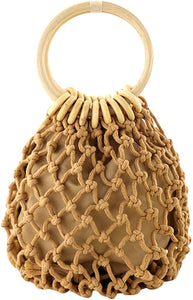 Mini Clutch Top Handle Bucket Drawstring Net Bag Pouch Handbag - Light Khaki