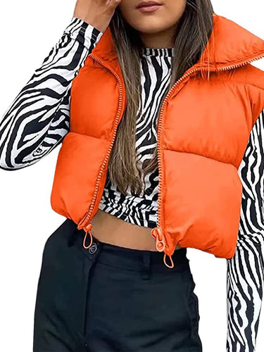 Women's Quilted Padded Orange Cropped Puffer Vest