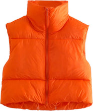 Load image into Gallery viewer, Women&#39;s Quilted Padded Orange Cropped Puffer Vest