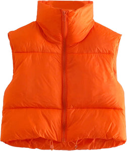 Women's Quilted Padded Orange Cropped Puffer Vest